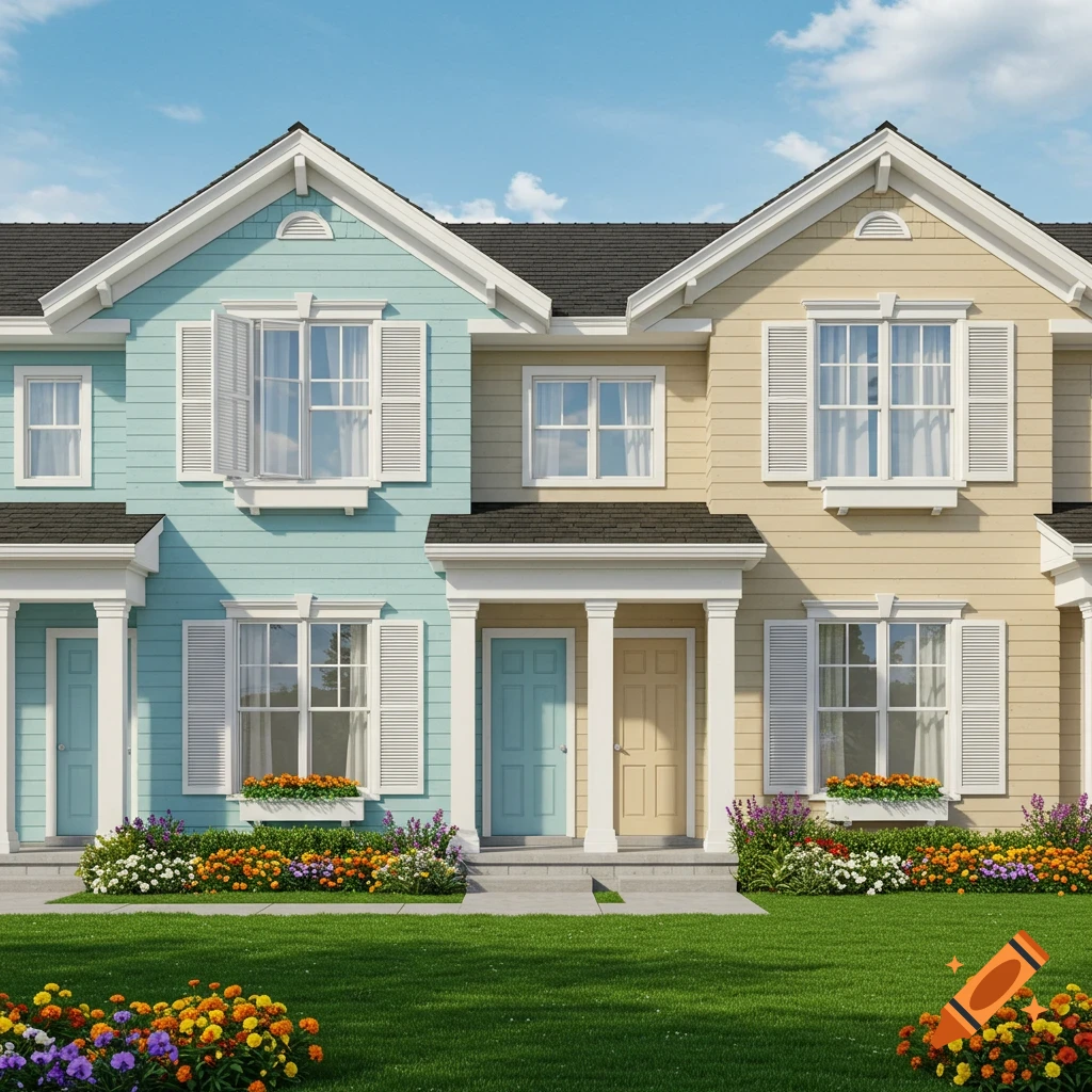 A photorealistic image of two suburban houses, one light blue and one light yellow, with white trim, dark roofs, and manicured green lawns with colorful flowerbeds. One window on the blue house is open.