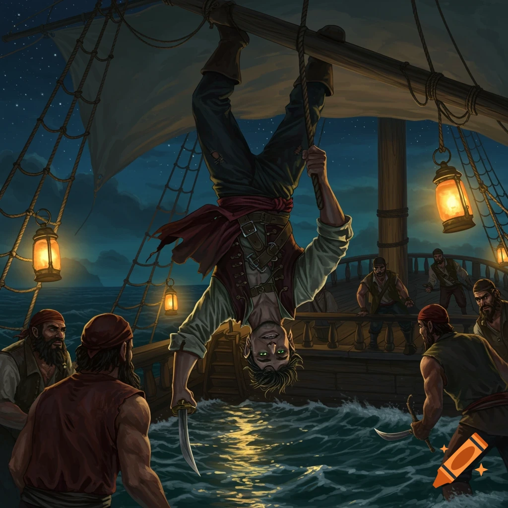 A dark-haired elf hangs upside down from a ship's mast, smirking at pirates on deck at night. Digital illustration.