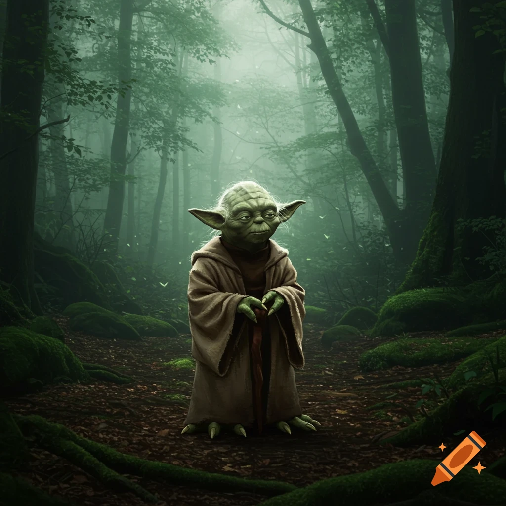 Yoda stands with a cane in a dark, misty, moss-covered forest. Detailed illustration.