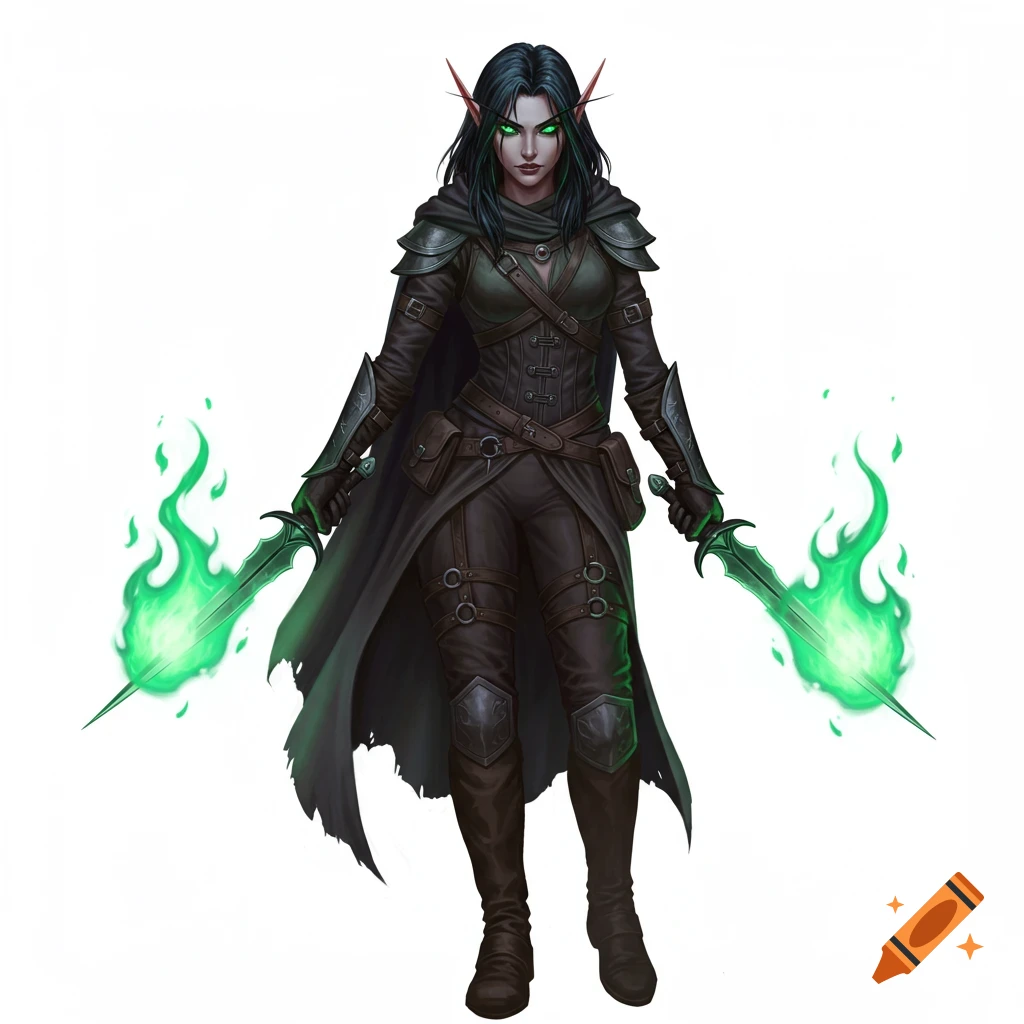 A female elf rogue with dark hair and green eyes holds two daggers with green flames, standing on a white background. Digital art.