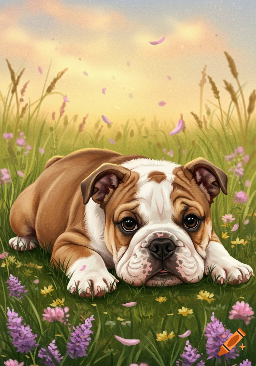 An illustrated English bulldog puppy lies in a field of green grass with purple and yellow flowers and pink petals falling from a bright, warm sky.