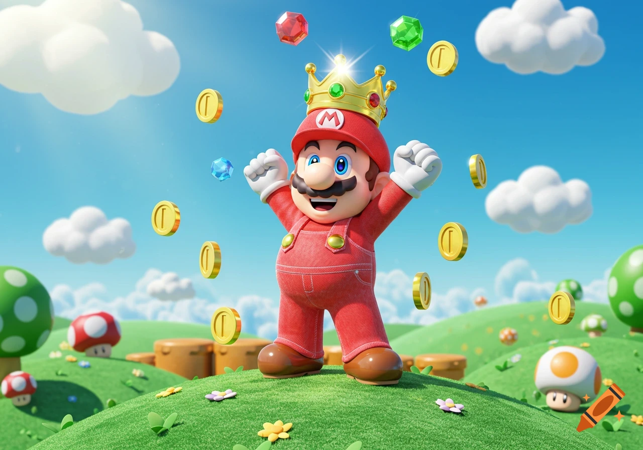 Mario in a red outfit and a gold crown, raising his fists in celebration in a vibrant, cartoonish green landscape with floating coins and mushrooms.