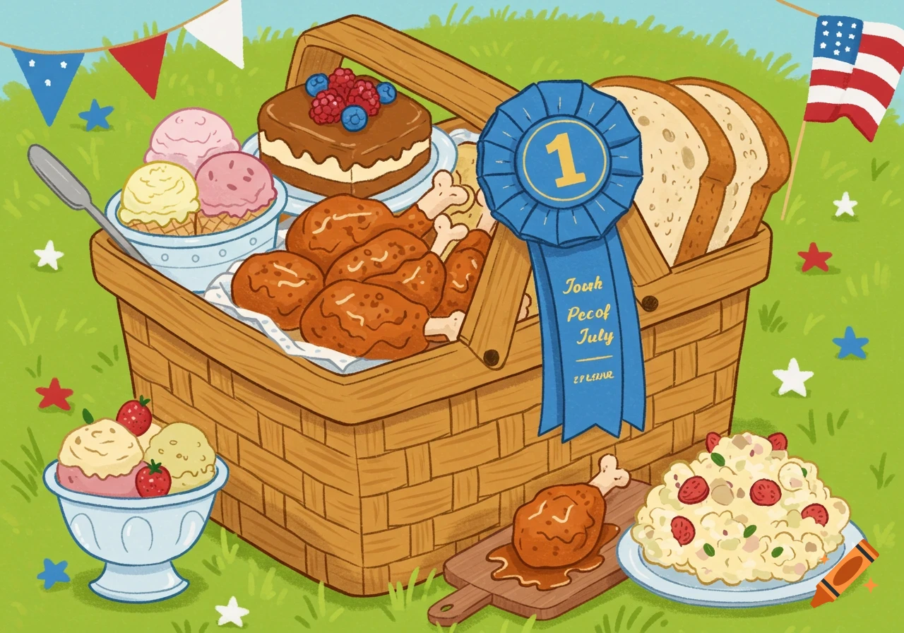 Cartoon picnic basket filled with fried chicken, cake, bread, and ice cream on green grass with a '1st place' ribbon, American flag, and patriotic decorations.