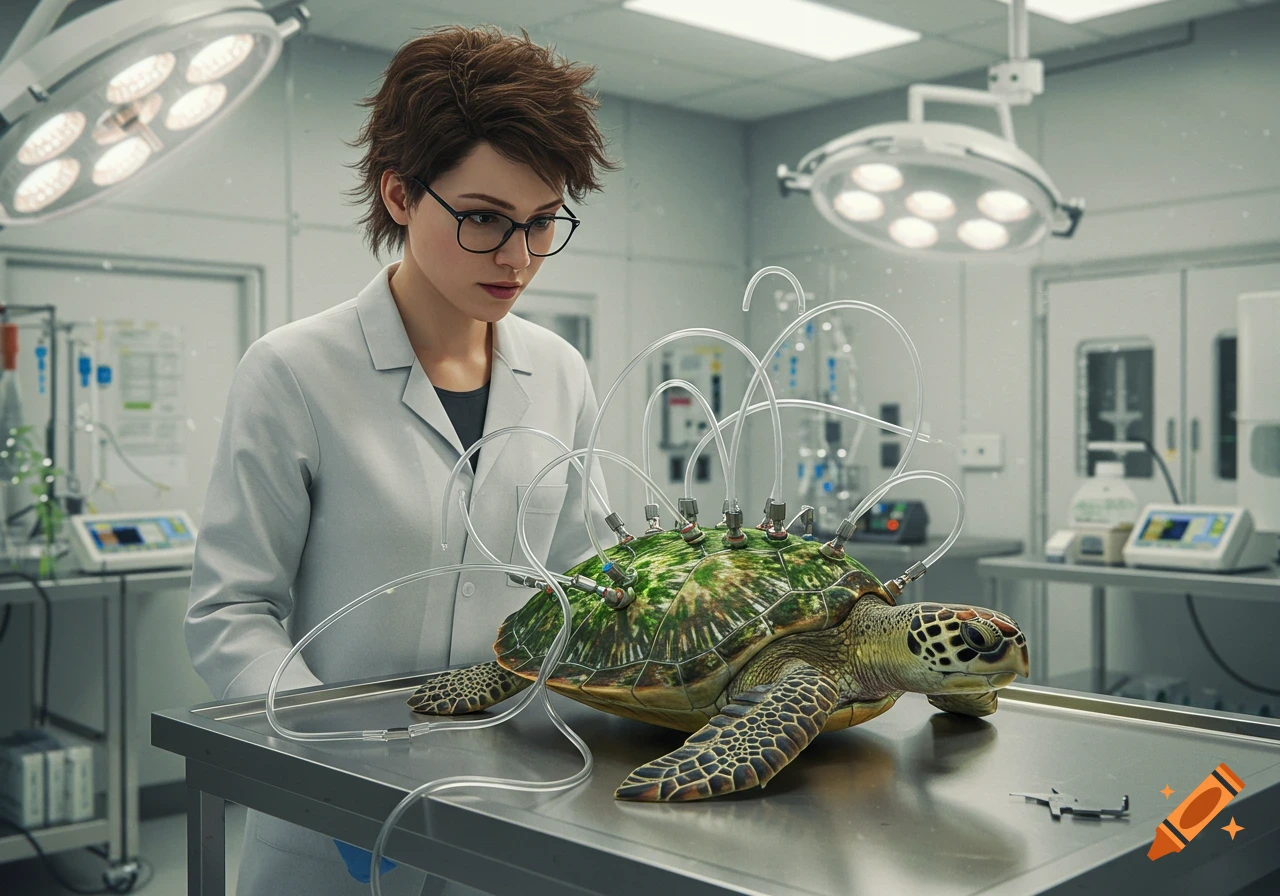A scientist wearing glasses and a lab coat examines a turtle with multiple tubes connected to its shell, on a medical table in a brightly lit laboratory.