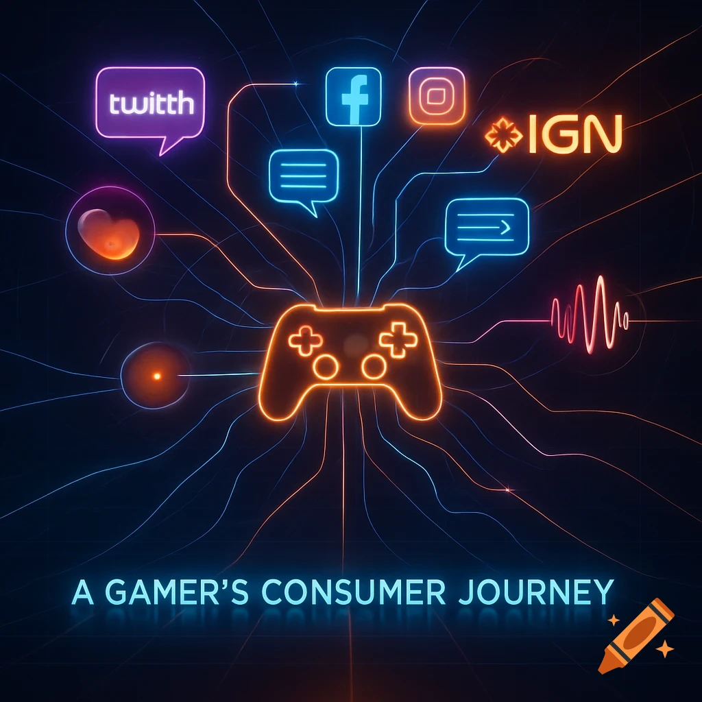 A glowing orange game controller connected by neon lines to social media, IGN, and other digital icons, with text 'A GAMER'S CONSUMER JOURNEY'.