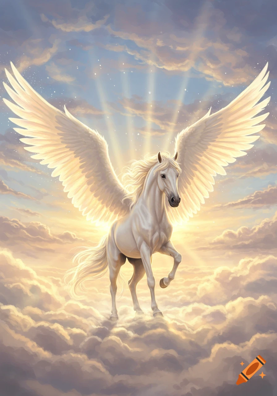 A majestic white Pegasus with large glowing wings stands on soft clouds in a bright, sunlit sky with light rays beaming down.