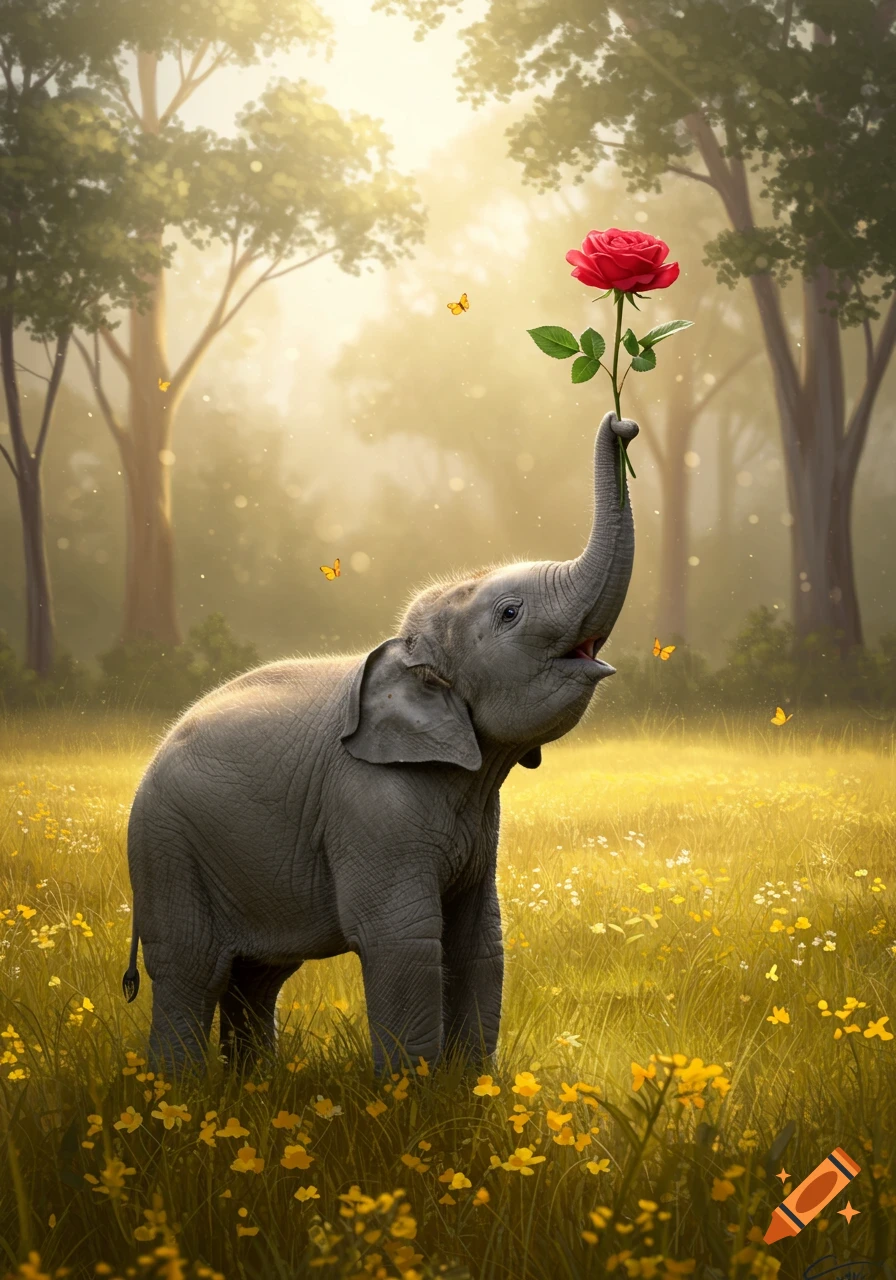 A cute baby elephant holds a red rose with its trunk in a sunny field filled with yellow flowers, surrounded by trees.