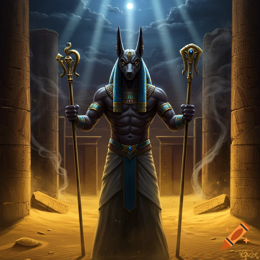 Anubis, the jackal-headed Egyptian god, stands at night in desert ruins, holding two golden staves under a moonlit sky.