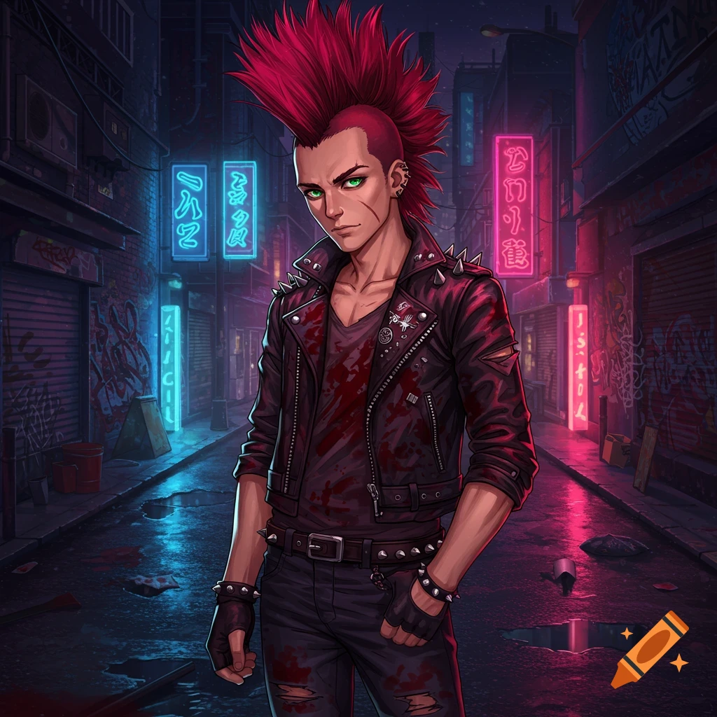 Anime male character with red mohawk and blood-stained leather jacket standing in a dark, neon-lit alley at night.
