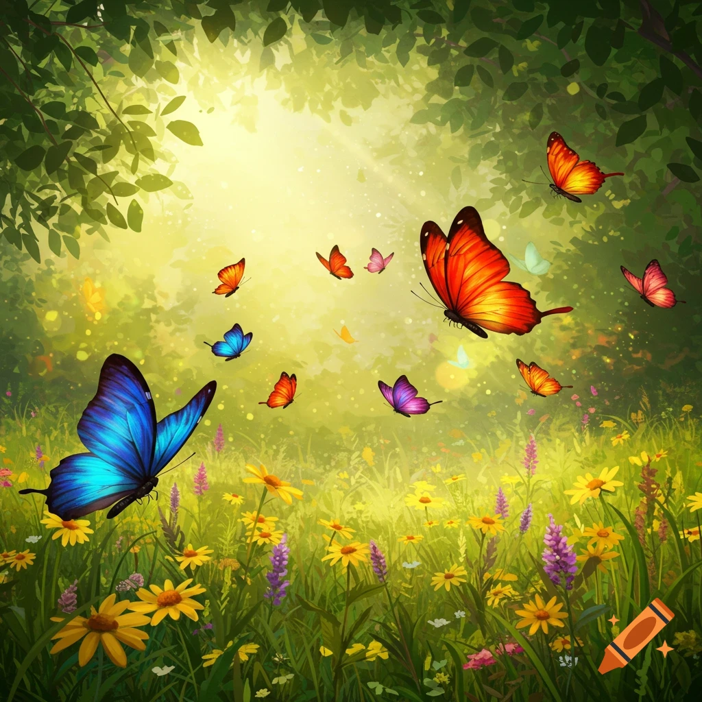 Colorful butterflies of various sizes fly amidst a field of wildflowers in a sunlit forest clearing.