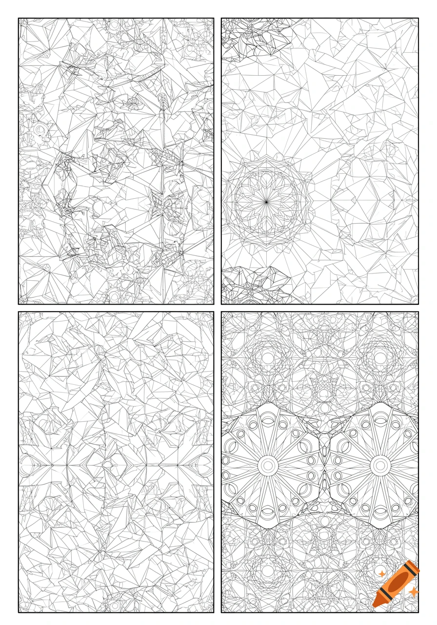 Four panels display intricate black and white line art geometric patterns, suitable for a coloring book.