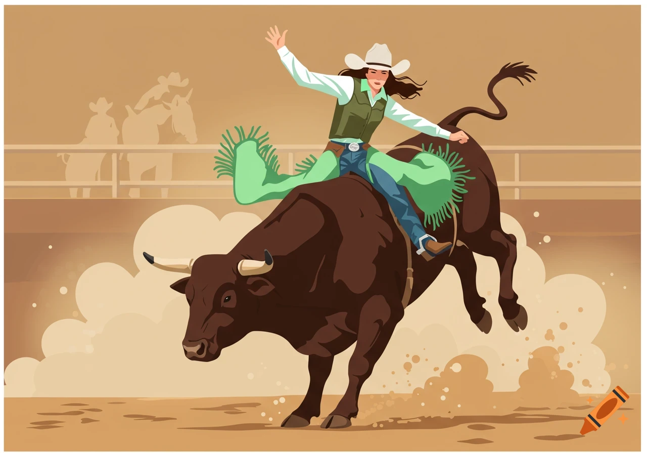 An illustrated image of a cowgirl riding a bucking bull in a dusty rodeo arena.
