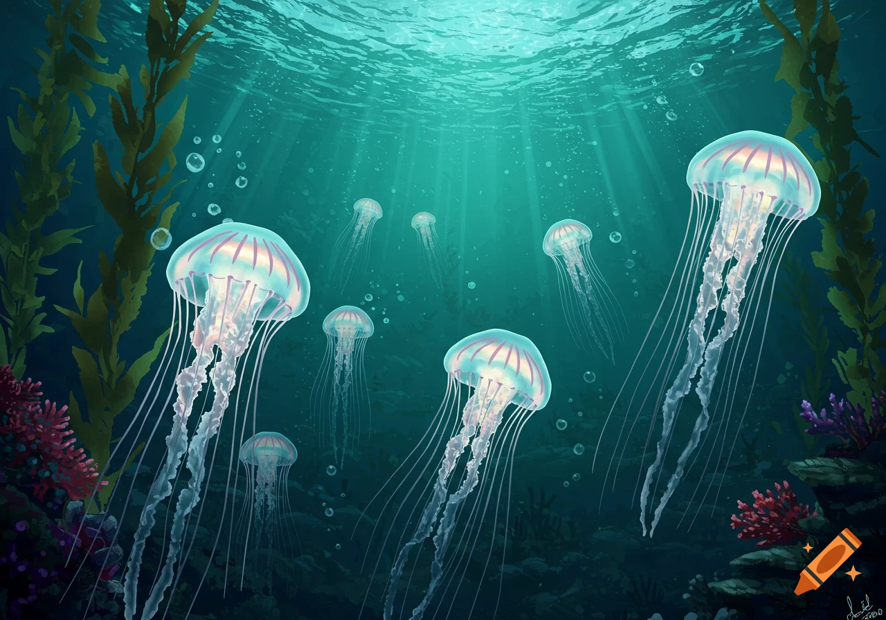 Multiple translucent jellyfish with pink stripes swim in a teal ocean surrounded by kelp and coral, with sunlight shining from above.