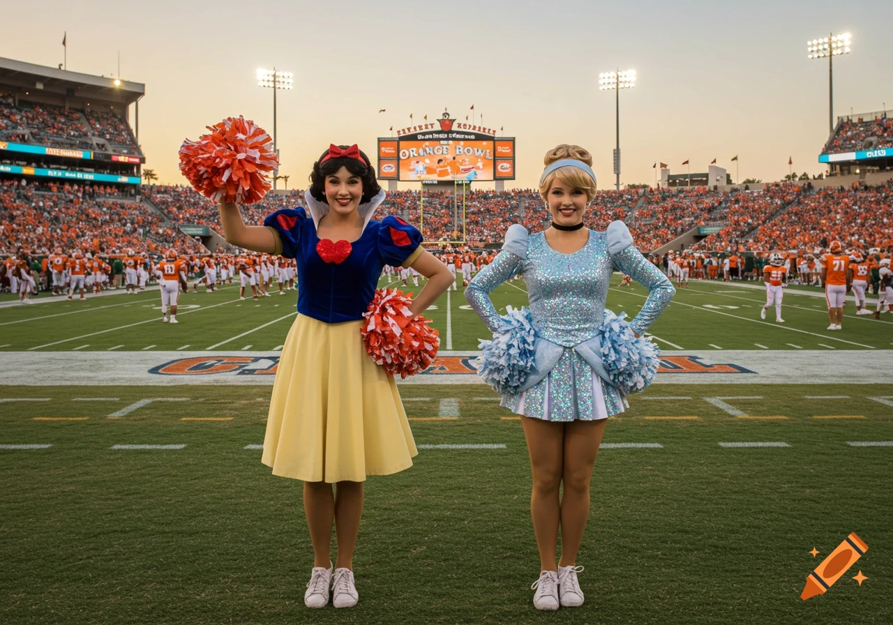 Photorealistic image of two women dressed as Snow White and Cinderella cheerleaders on a football field during an Orange Bowl game.