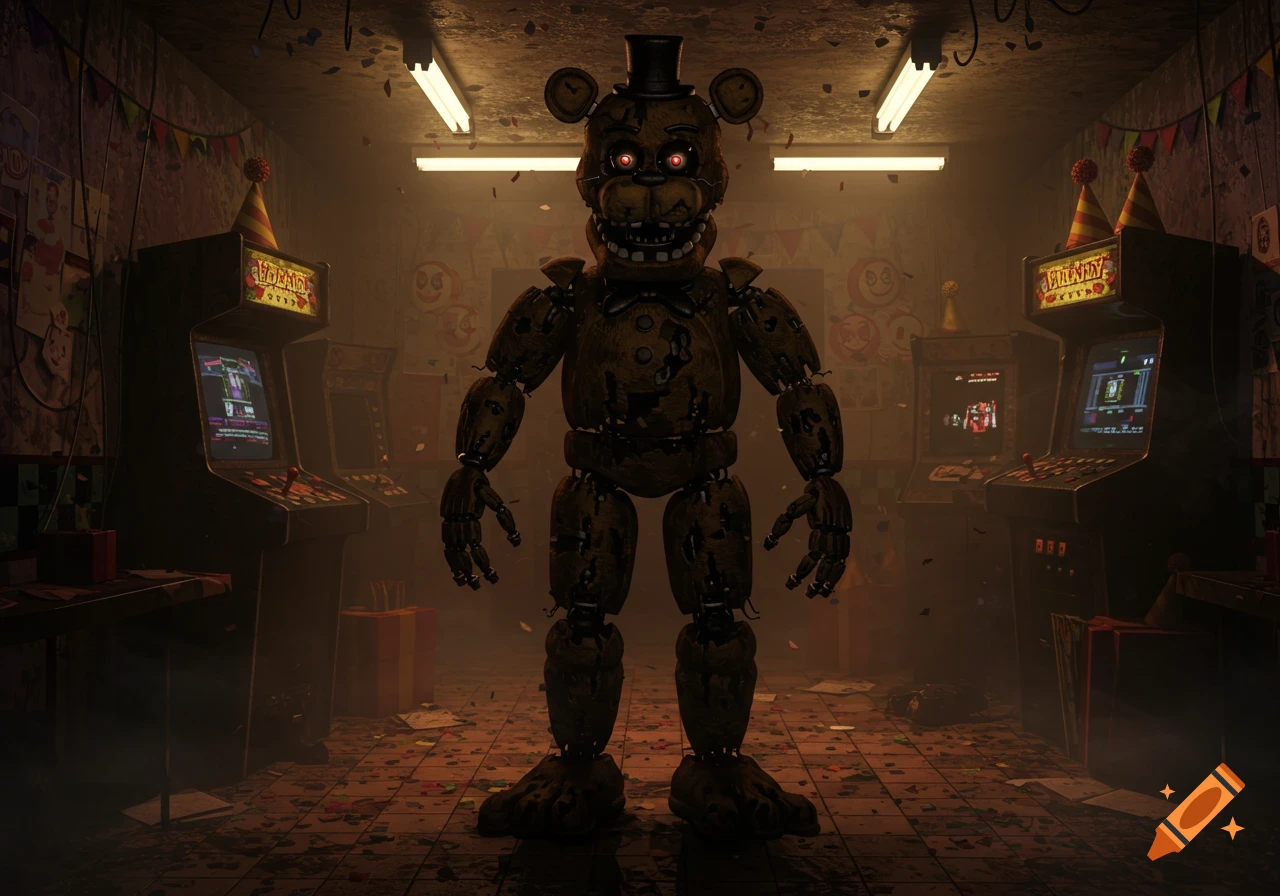 A creepy, worn-down animatronic bear with glowing red eyes stands in the center of a dark, abandoned arcade room filled with confetti and debris.