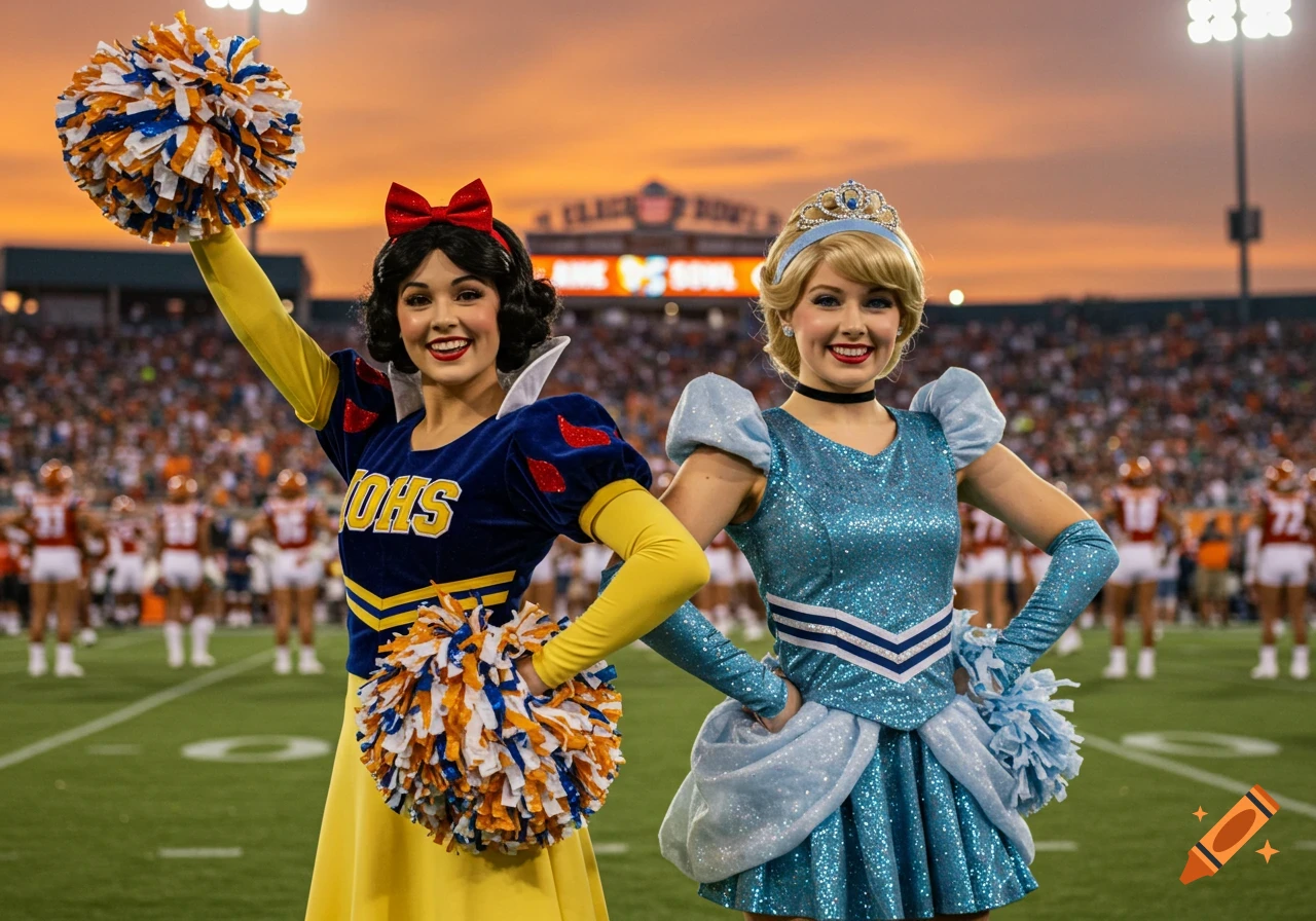 Two women dressed as Snow White and Cinderella cheerleaders pose on a football field at sunset.