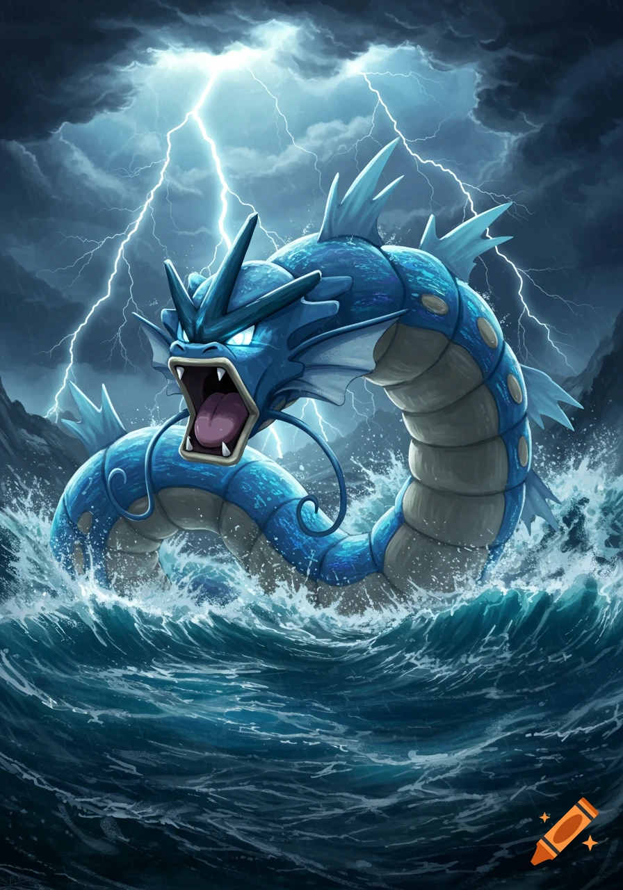 A blue Gyarados emerges from stormy, crashing waves under a dark sky with bright lightning bolts.