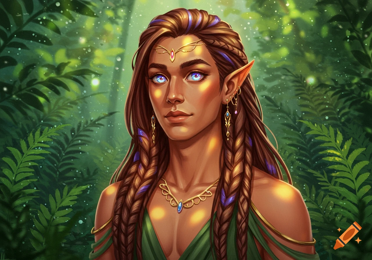 A detailed digital painting of an elf with braided dark brown and purple hair, glowing blue eyes, and gold jewelry in a lush forest.