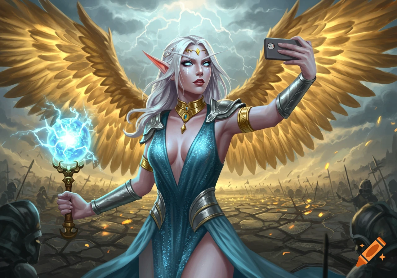 A white-haired elven sorceress with golden wings takes a selfie, holding a glowing blue orb on a cracked battlefield under stormy skies.