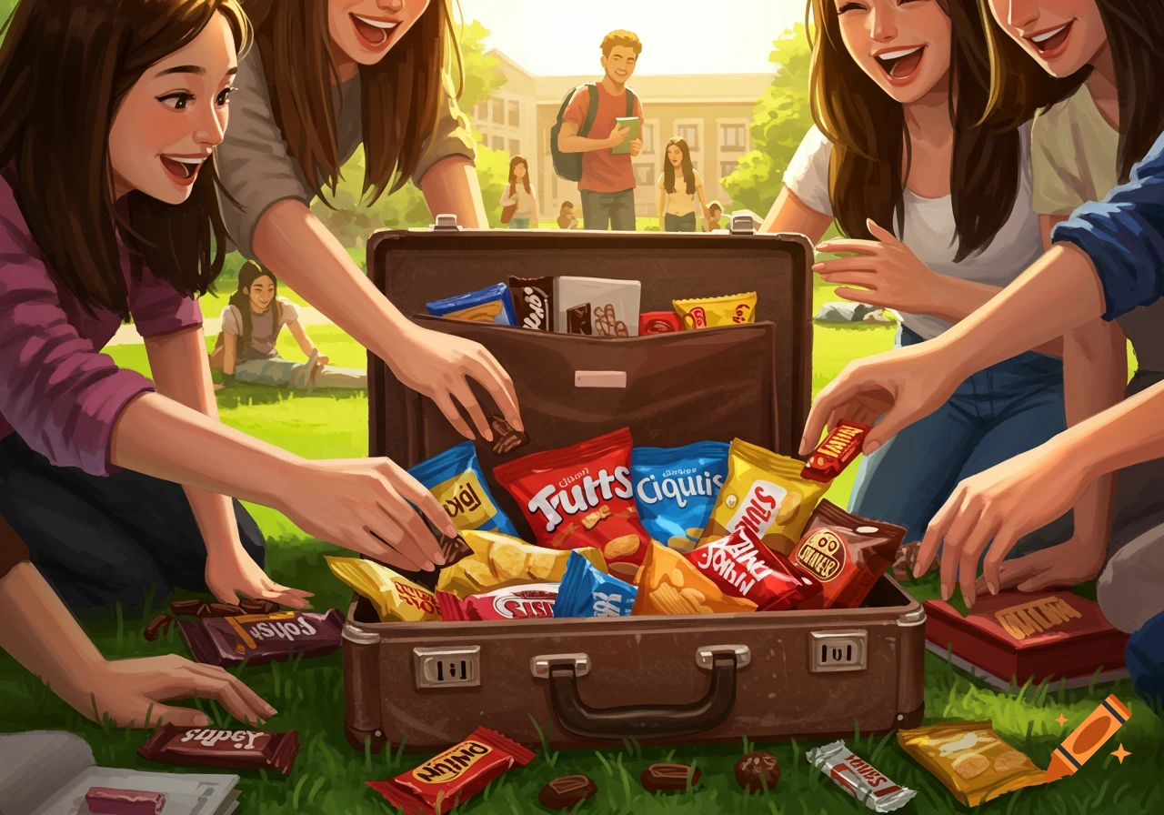 A group of smiling college students gathered around an open briefcase filled with various snack bags on a sunny campus lawn, in an illustrated style.