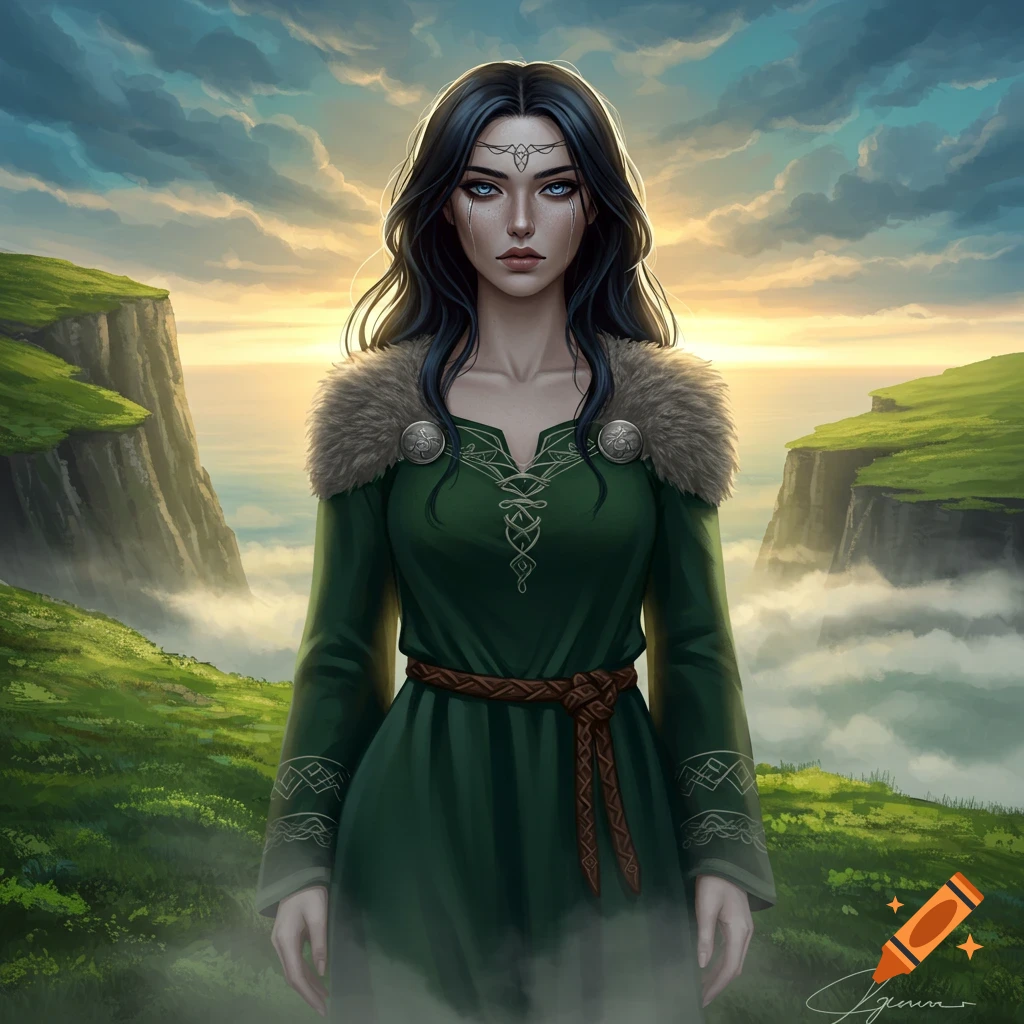A fantasy portrait of a woman with long dark hair and blue eyes, wearing a green dress with fur trim, standing in a misty, mountainous landscape at sunset.
