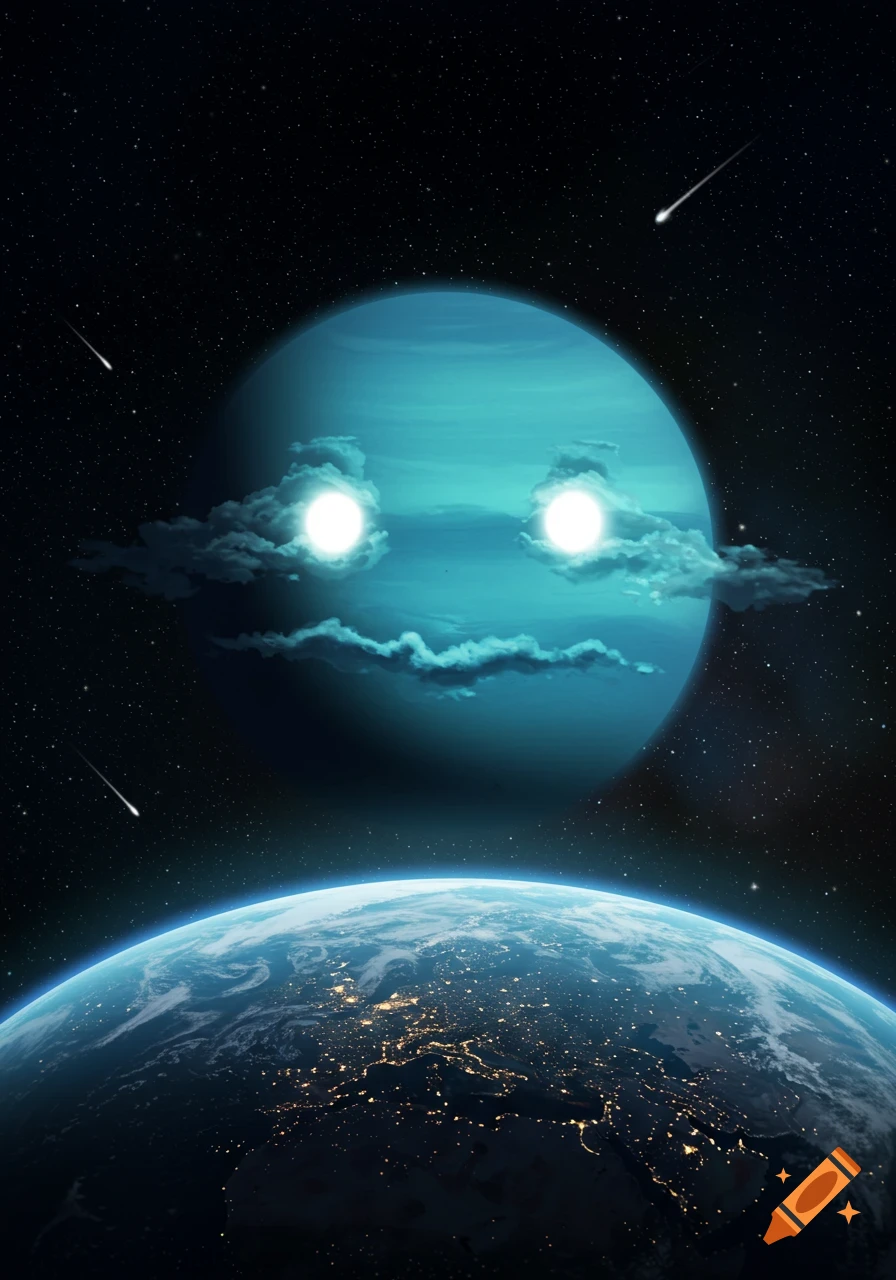 A whimsical blue planet with glowing eyes and a cloud smile floats above a nighttime Earth with city lights, in a starry space with shooting stars.