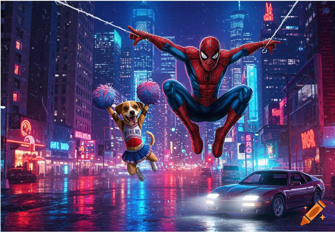 Spider-Man swings through a neon-lit city at night, while a happy Jack Russell Terrier in a cheerleader outfit jumps beside him, holding pom-poms. A red sports car is parked on the wet street.