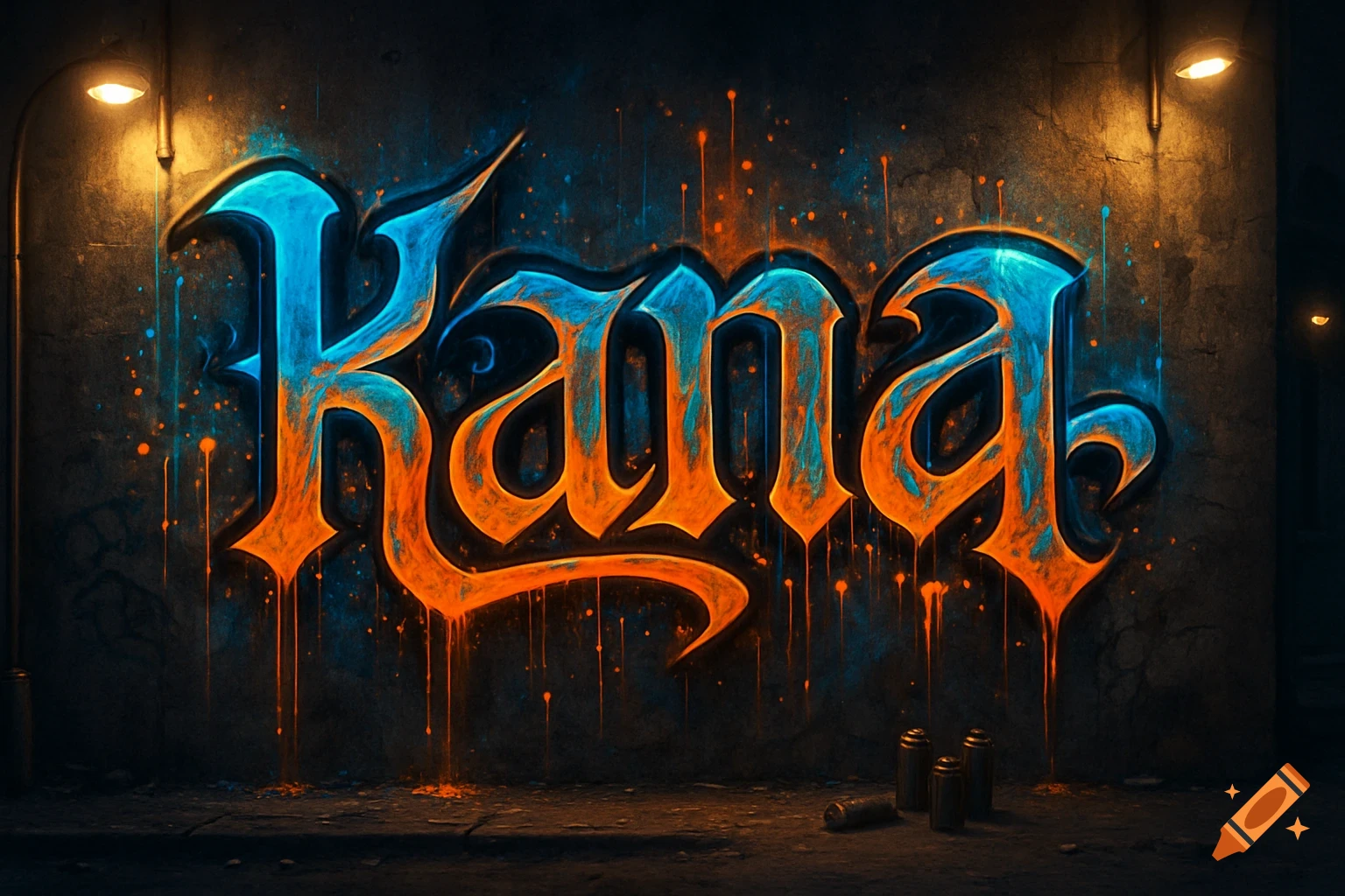 Graffiti of the word 'Kana' in glowing blue and orange on a dark textured wall, lit by streetlights.