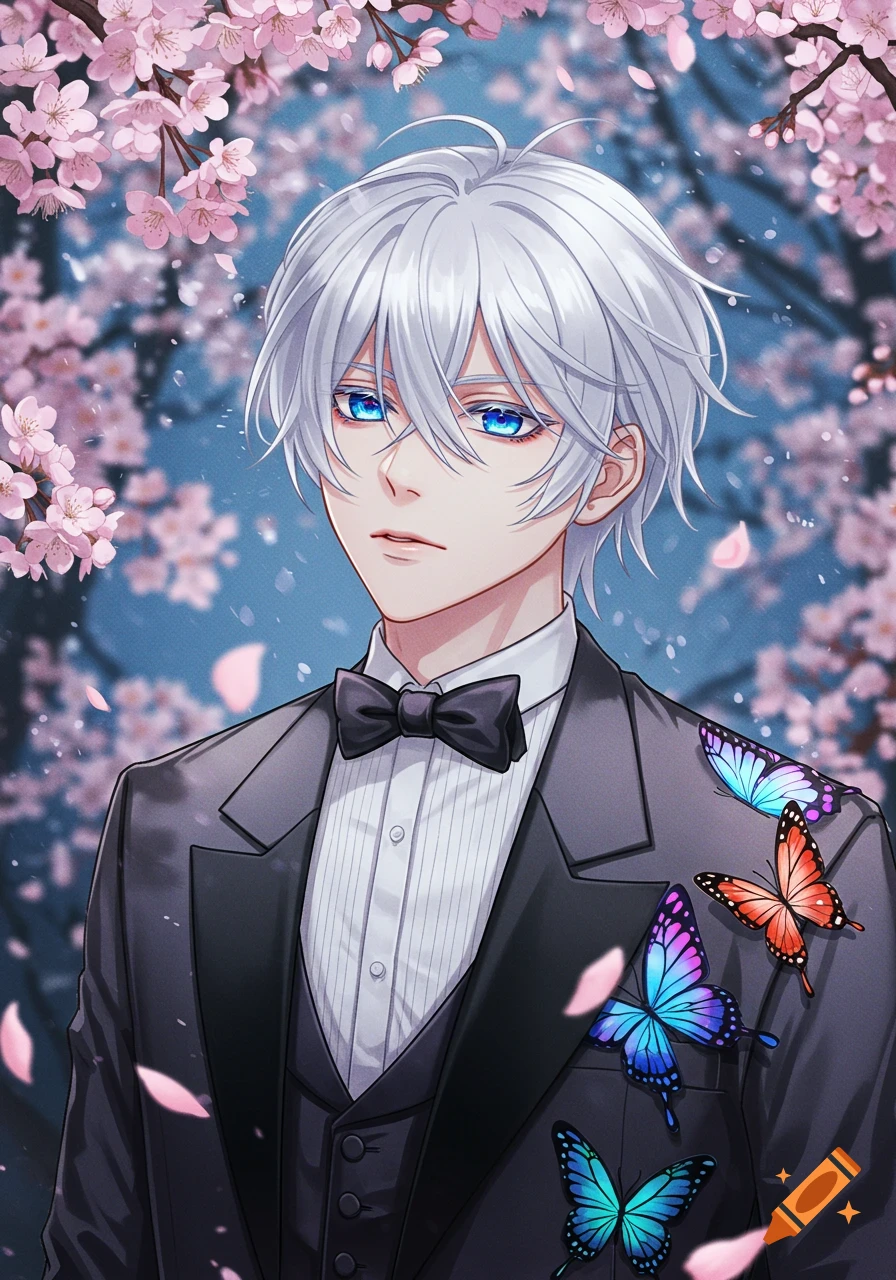 Anime boy with white hair and blue eyes in a tuxedo, adorned with colorful butterflies, surrounded by pink cherry blossoms.