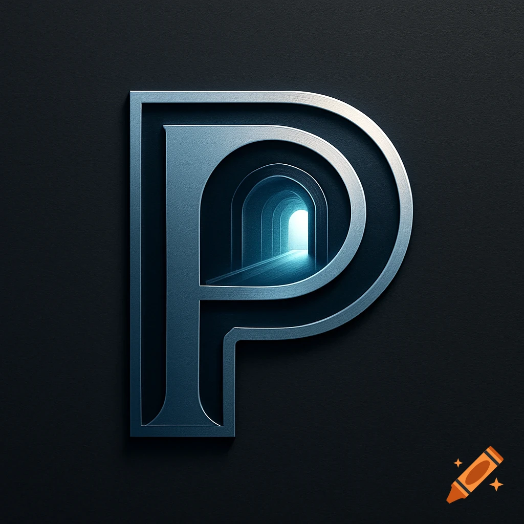 A sleek, silver metallic letter P logo with a glowing blue tunnel inside, against a dark background.