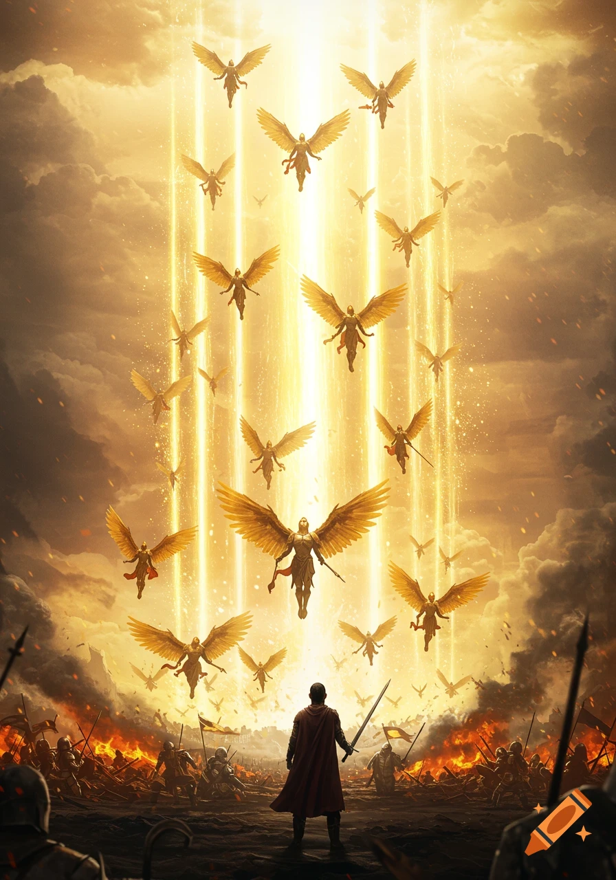 A lone figure stands on a fiery battlefield, looking up as a multitude of winged angels descend from golden beams of light in a dramatic sky.