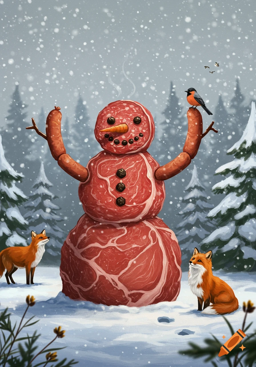A meat snowman with sausage arms and a carrot nose stands in a snowy forest with two foxes and a bird.