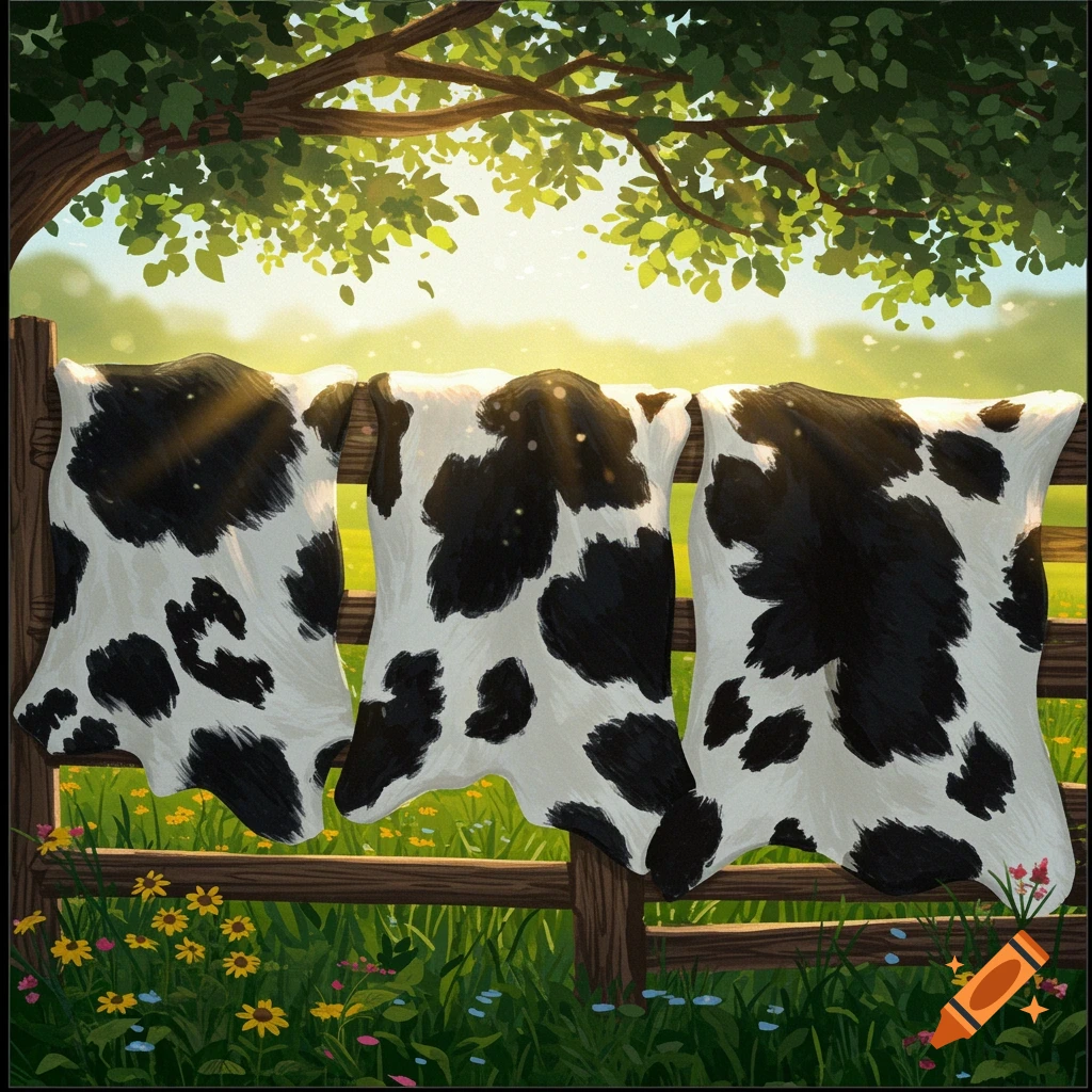 Three black and white cowhides hanging on a wooden fence in a sunny, green field with wildflowers under a leafy tree, in an illustrated style.