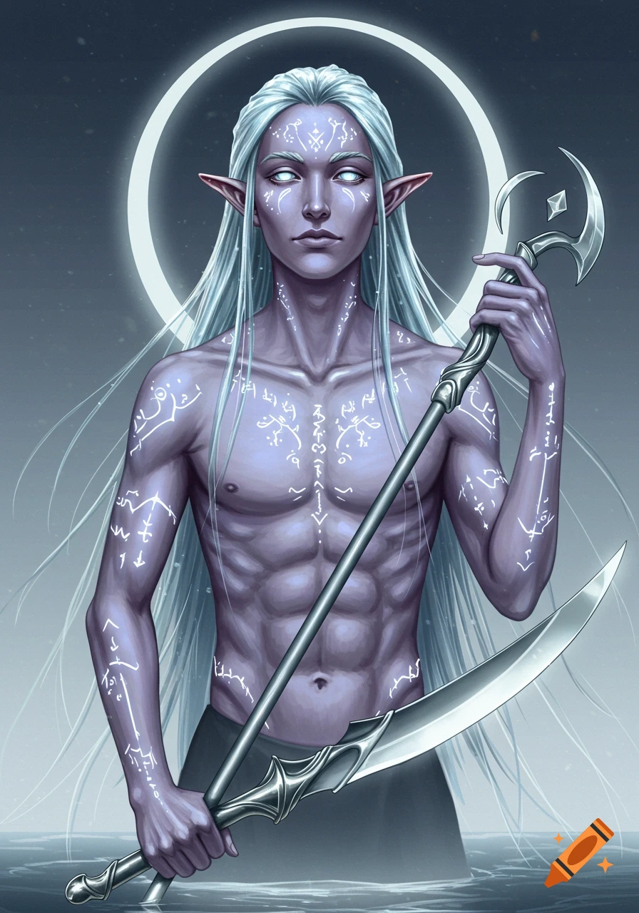 A shirtless fantasy elf with long white hair, purple skin, glowing runes, and white eyes, holding a crescent-shaped weapon while standing in water.