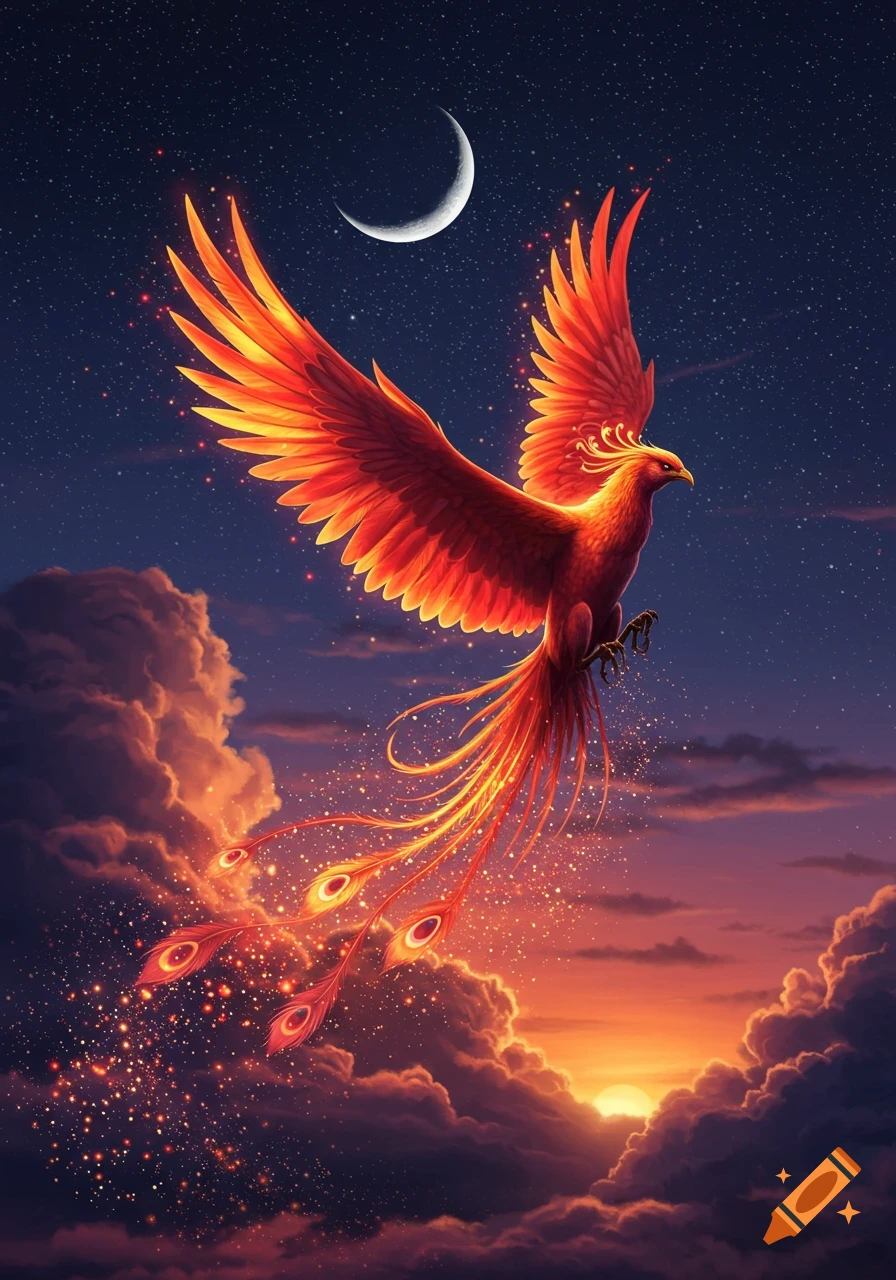 A vibrant red and orange phoenix flies through a starry night sky with a crescent moon and glowing orange clouds at sunset.