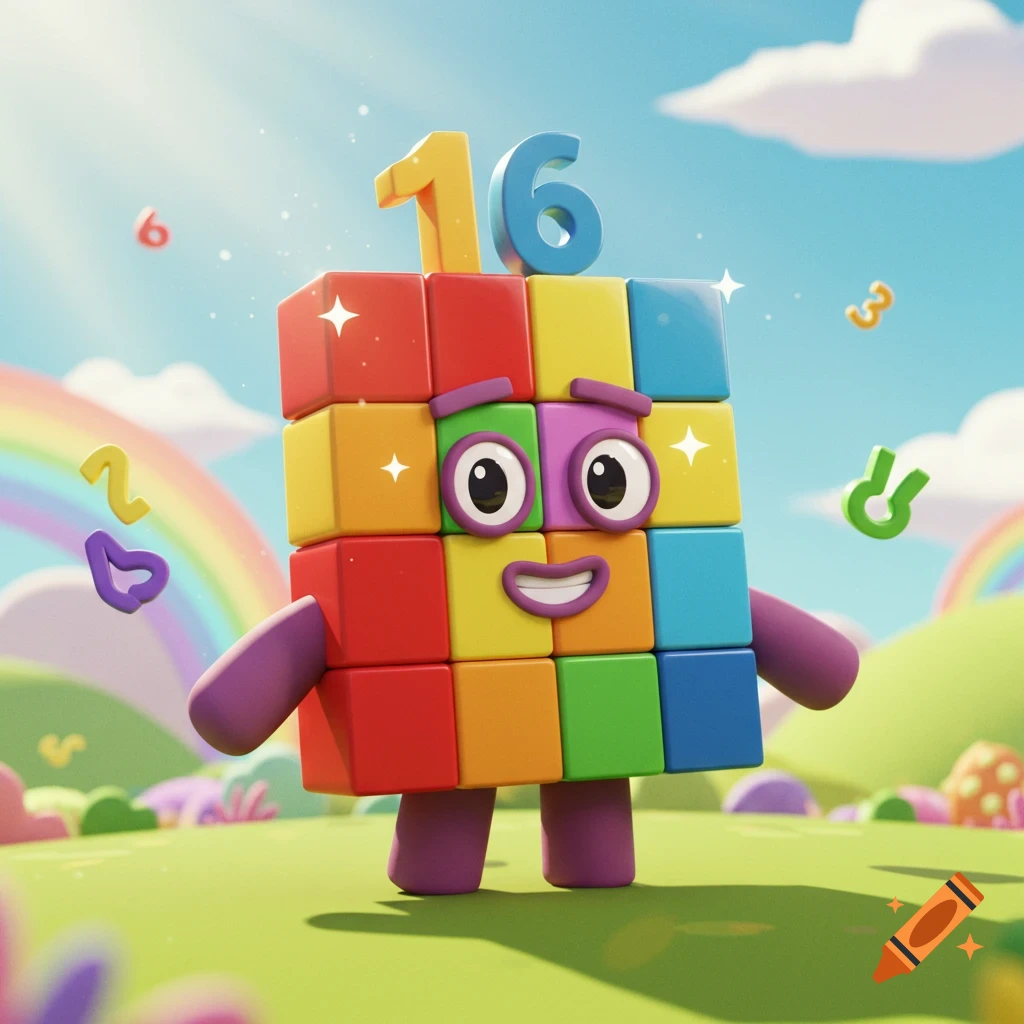 A colorful cartoon character made of blocks, with the number 16 on its head, stands in a grassy field with a rainbow and floating numbers in the background. The character has a cheerful face and purple arms and legs.