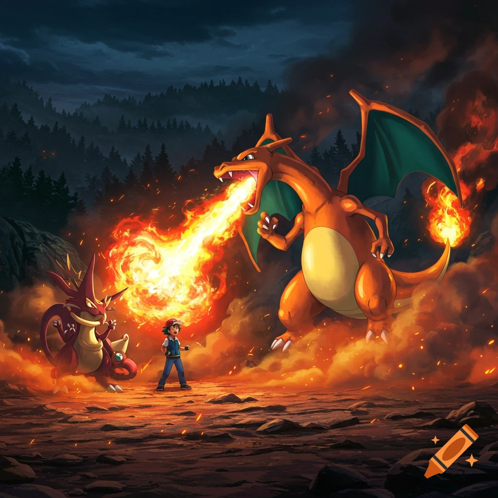 Charizard blasts flames at another red dragon-like Pokémon, while Ash stands between them in a fiery battle scene.