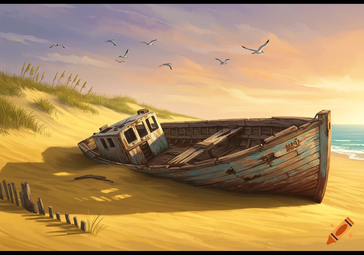 A painterly illustration of a shipwrecked wooden boat on a sandy beach under a sunset sky with seagulls.