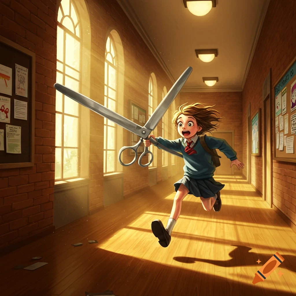 A cartoon student with brown hair runs down a school hallway, excitedly holding a giant pair of silver scissors.