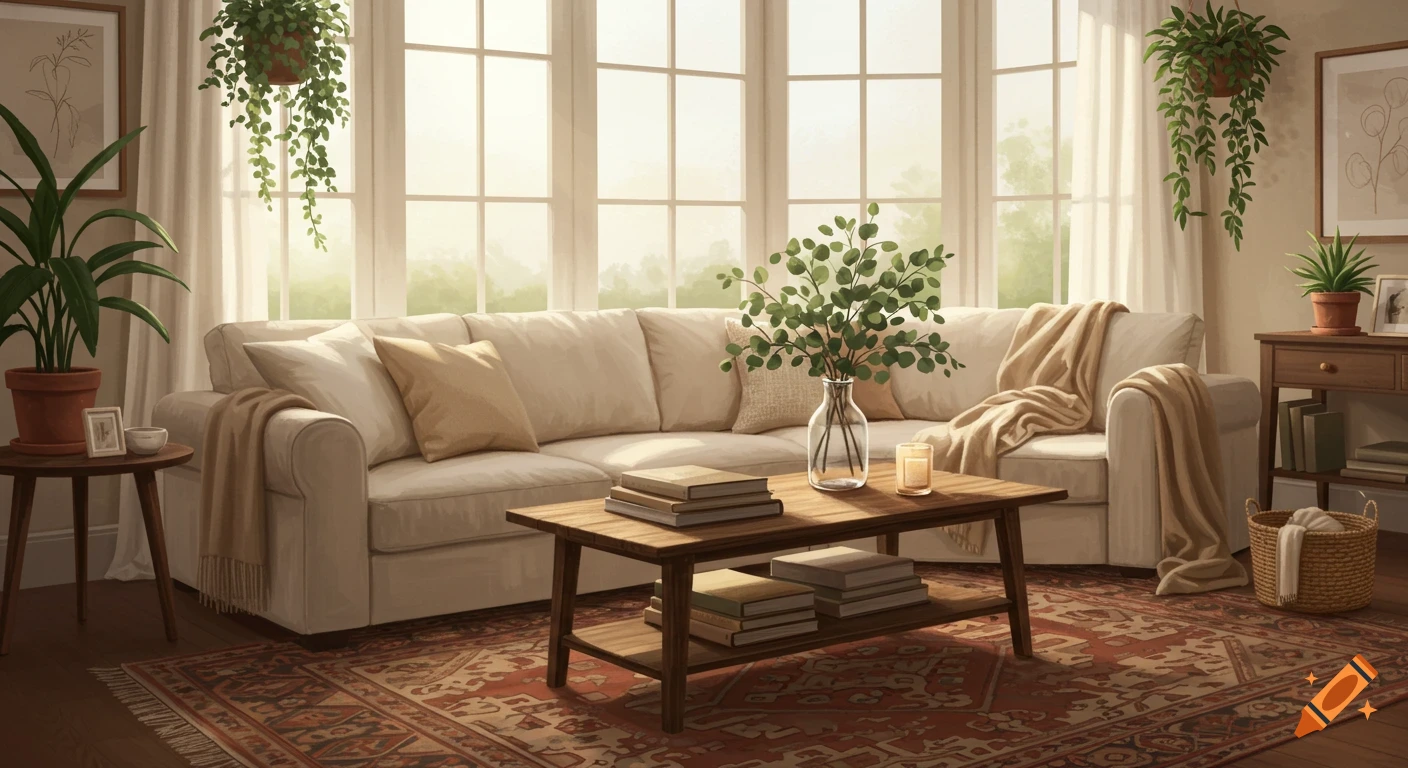 A bright and airy living room with a white sofa, wooden coffee table, and various houseplants near large windows.