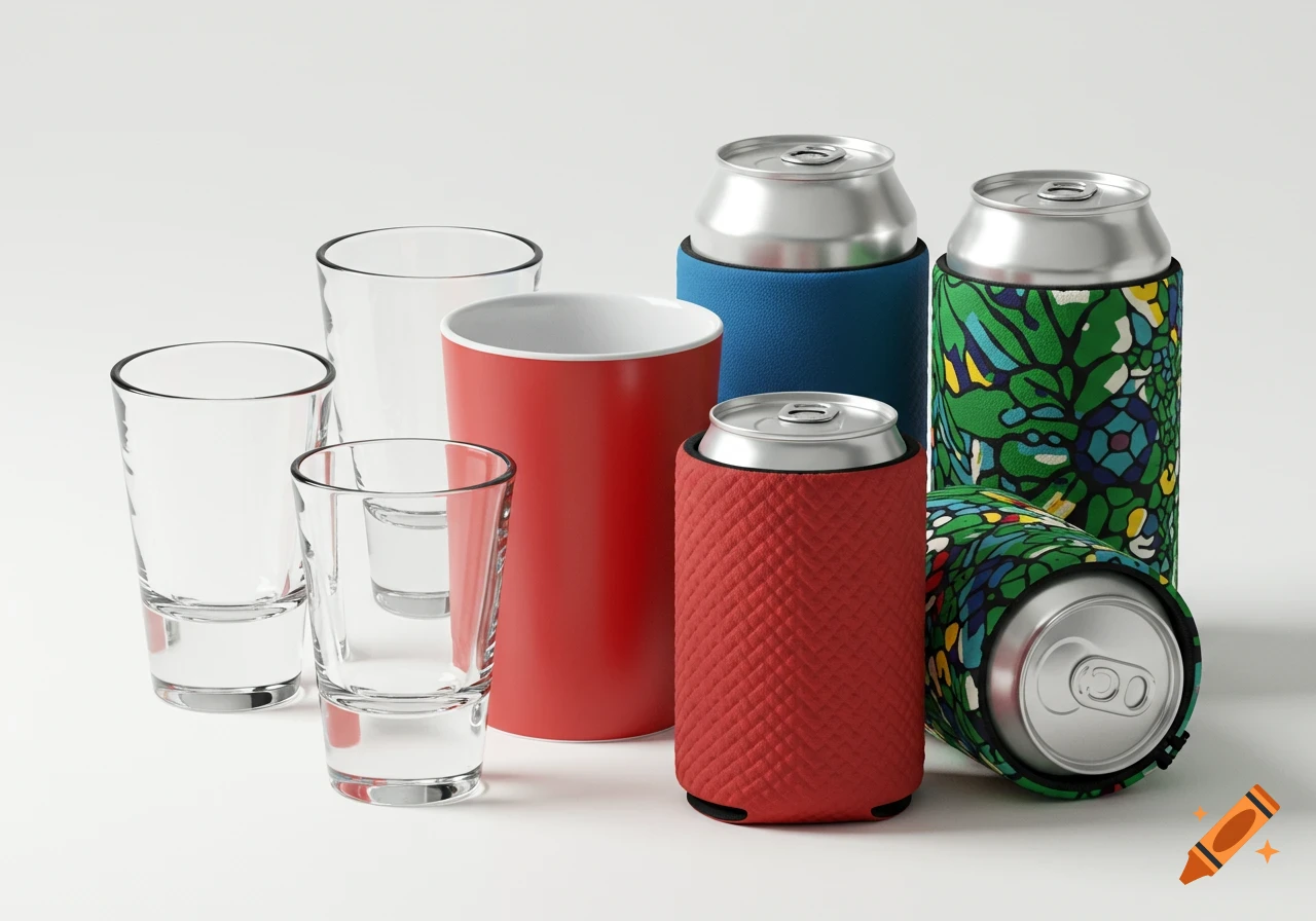 Collection of clear shot glasses, a red stadium cup, and aluminum cans in blue, red, and green patterned can coolers on a white background.