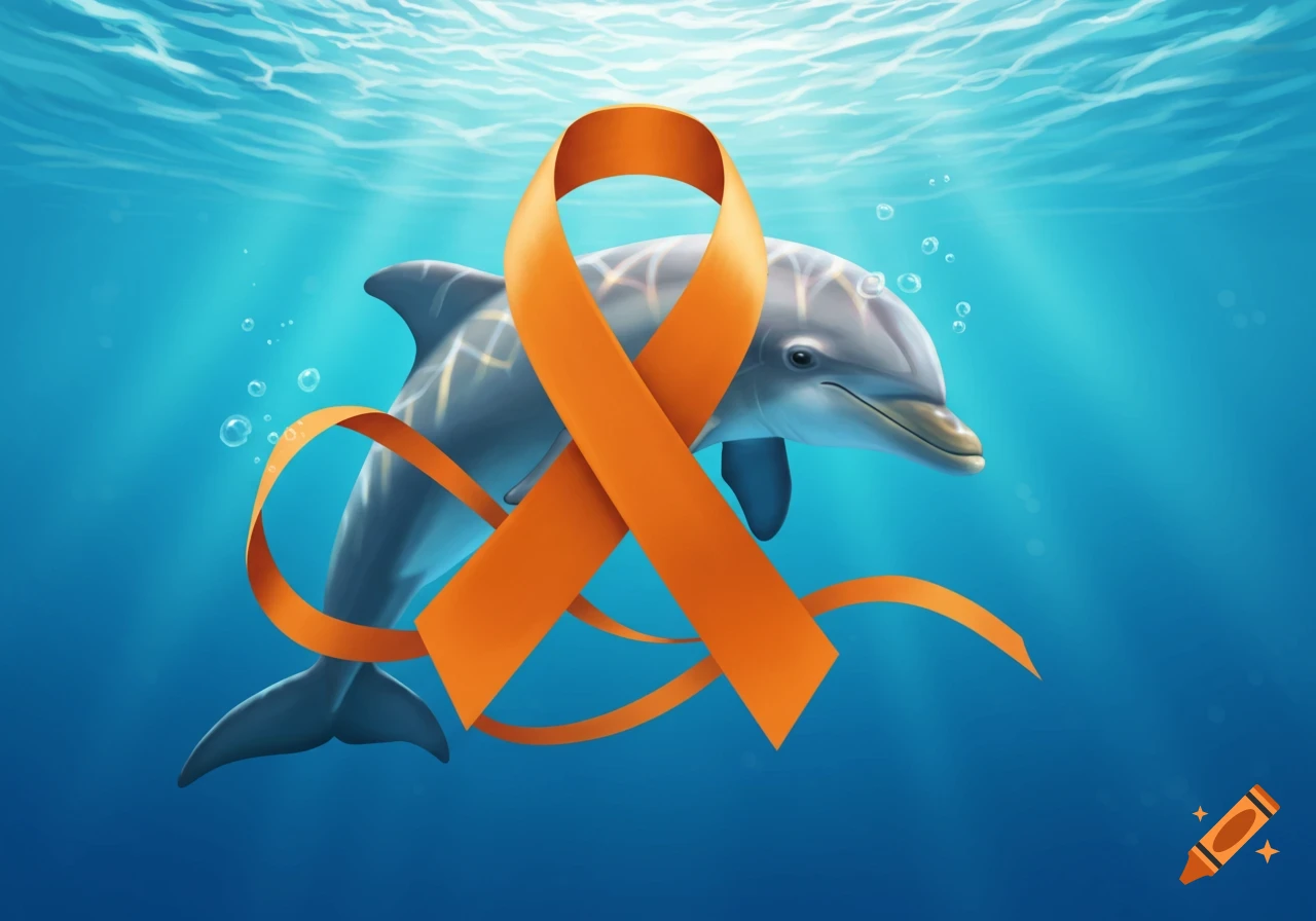 A dolphin swimming underwater with an orange awareness ribbon wrapped around its body.