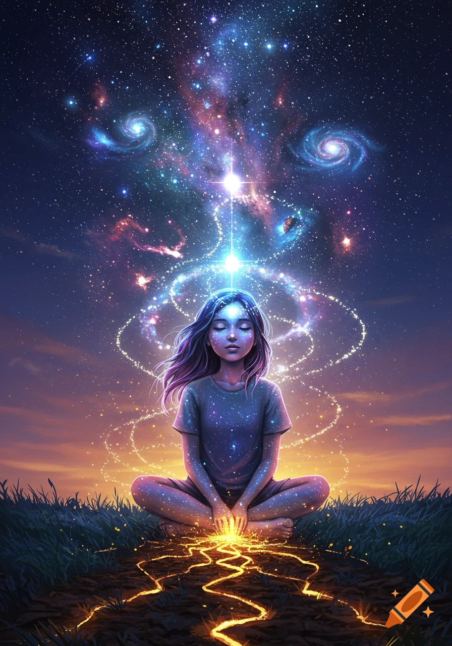 A person meditates outdoors at sunset, with cosmic energy flowing from their hands and head towards a starry galaxy sky.