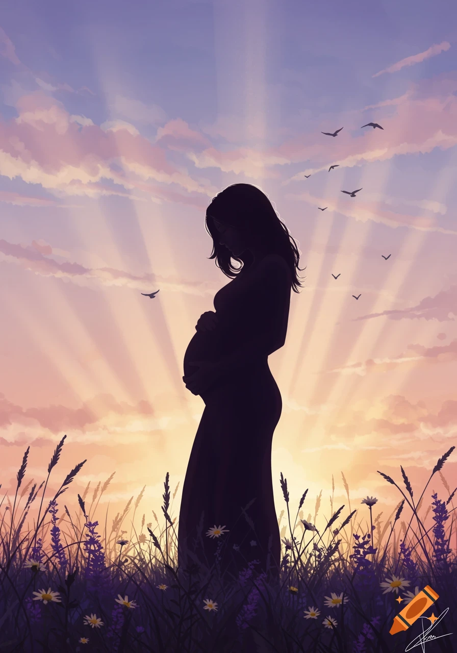 Silhouette of a pregnant woman standing in a field of tall grass and wildflowers at sunset, with birds flying in the sky.