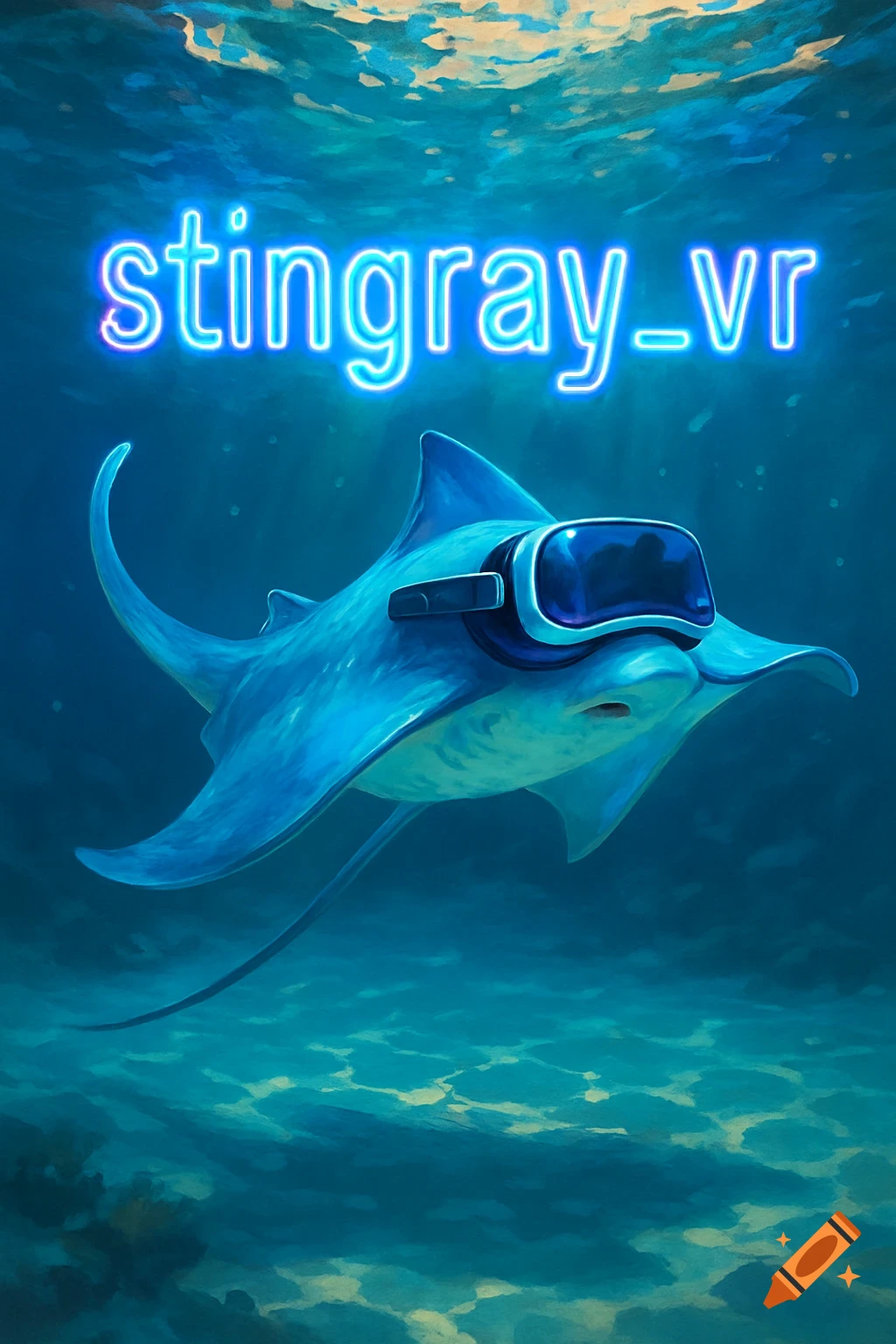 A blue stingray wearing a VR headset swims underwater beneath neon text 'stingray_vr'.