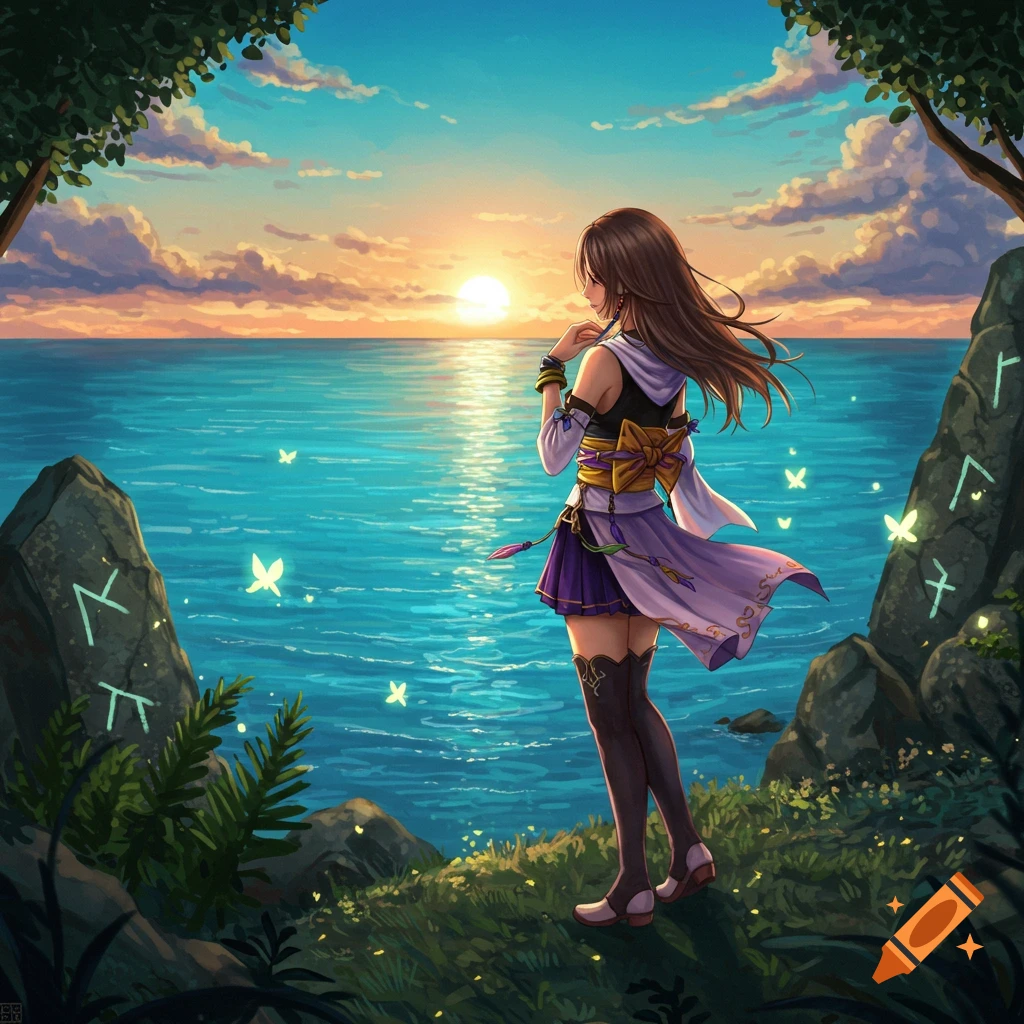 An anime girl with long brown hair, dressed in purple and white, stands on a cliff overlooking a vibrant sunset over the ocean.