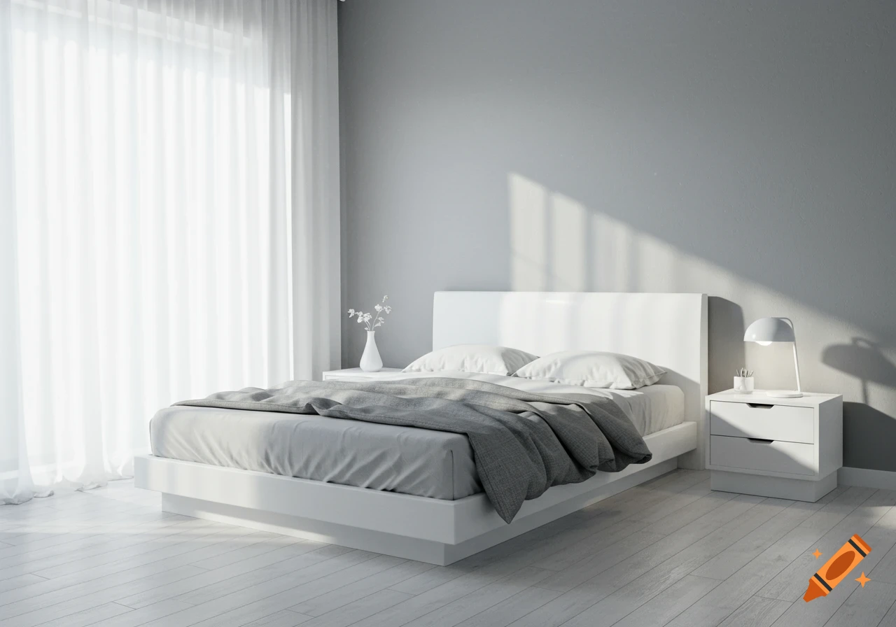 A minimalist bedroom with white walls, a white bed with grey bedding, and a white nightstand with a lamp.
