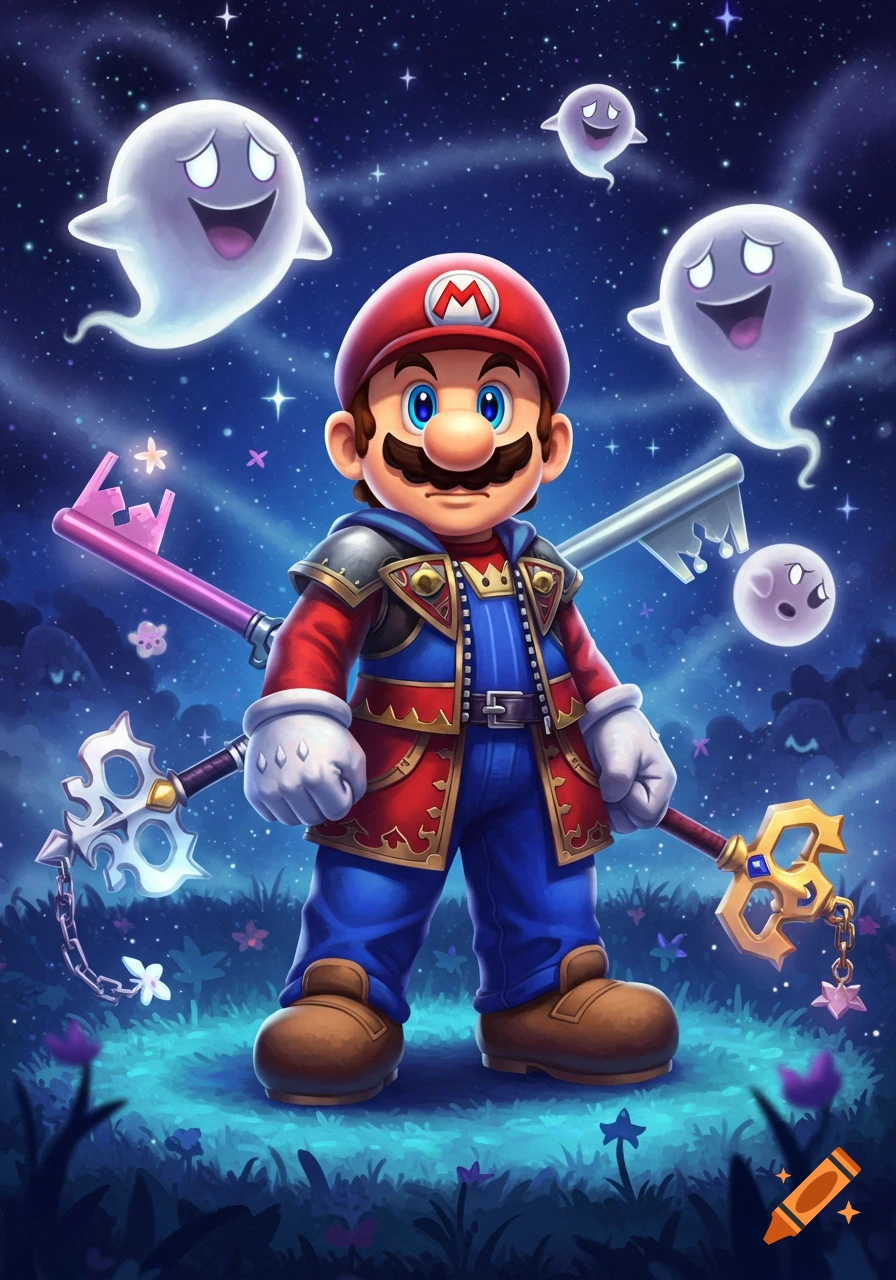 Mario in a Kingdom Hearts outfit holding a keyblade, surrounded by ghosts and another keyblade in a magical, starry forest.