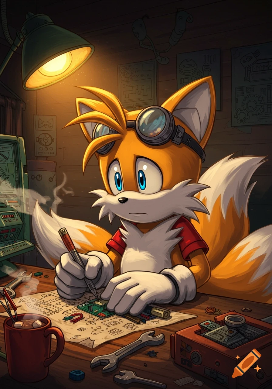 Tails from Sonic the Hedgehog, wearing goggles, intently working on electronics at a cluttered desk under a lamp.