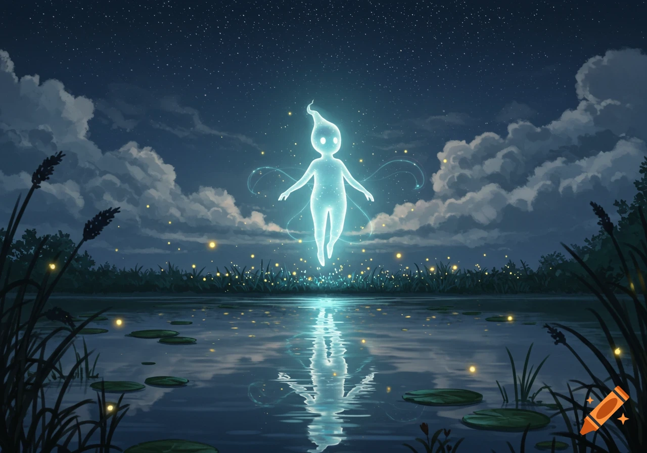 An ethereal glowing spirit floats above a moonlit lake surrounded by fireflies and reeds in a serene night scene.